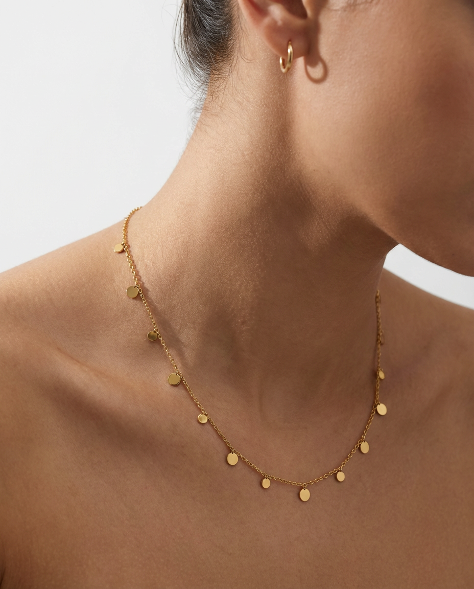 Close-up of the gold disc charm necklace on the neckline, highlighting the delicate charms and polished finish.