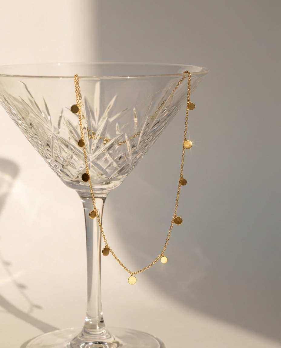 The gold disc charm necklace draped over a glass, styled in a clean and elegant decorative setup.