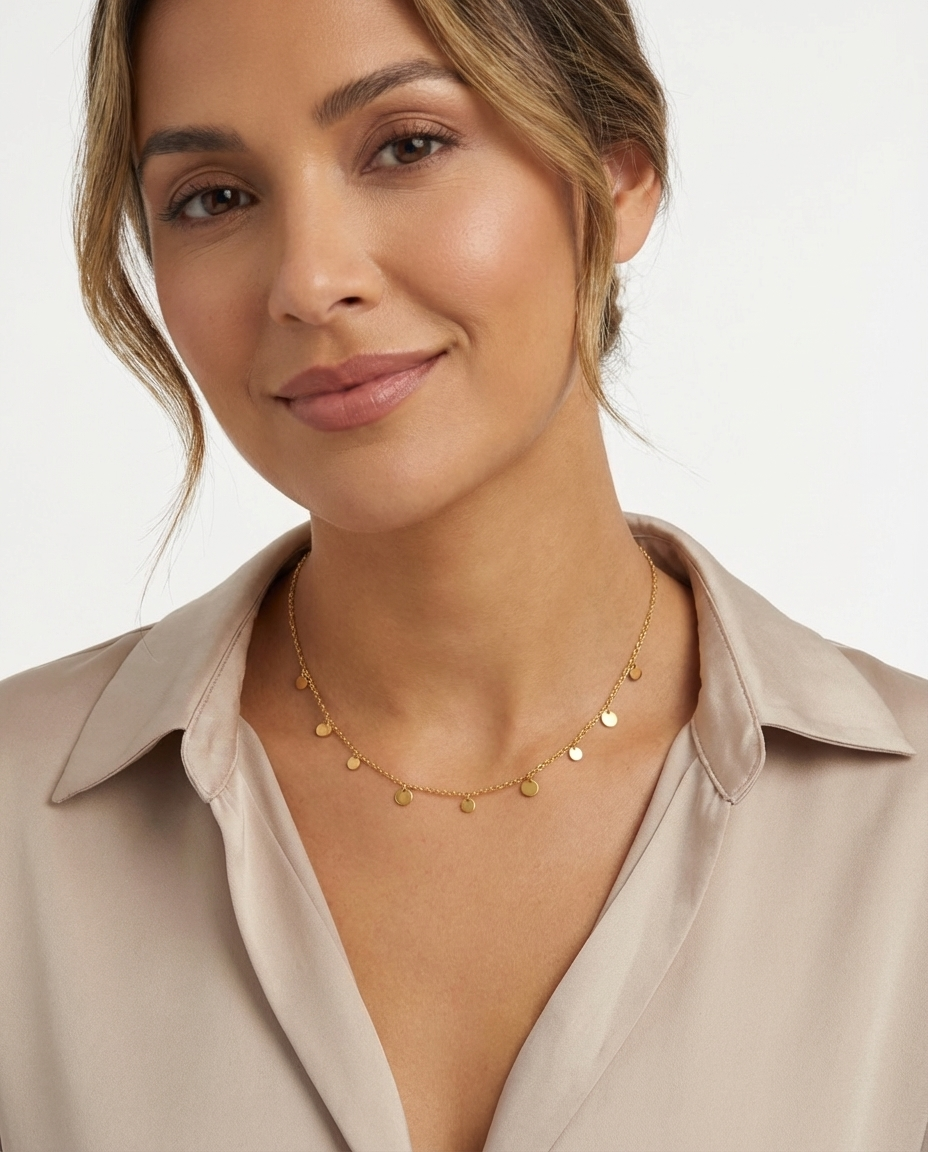 The gold disc charm necklace photographed in natural light, showing its soft gold shine and delicate charm details.
