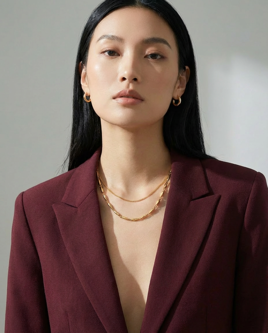 Woman wearing the gold oval link chain necklace styled with a blazer, showing the elegant layered gold look.