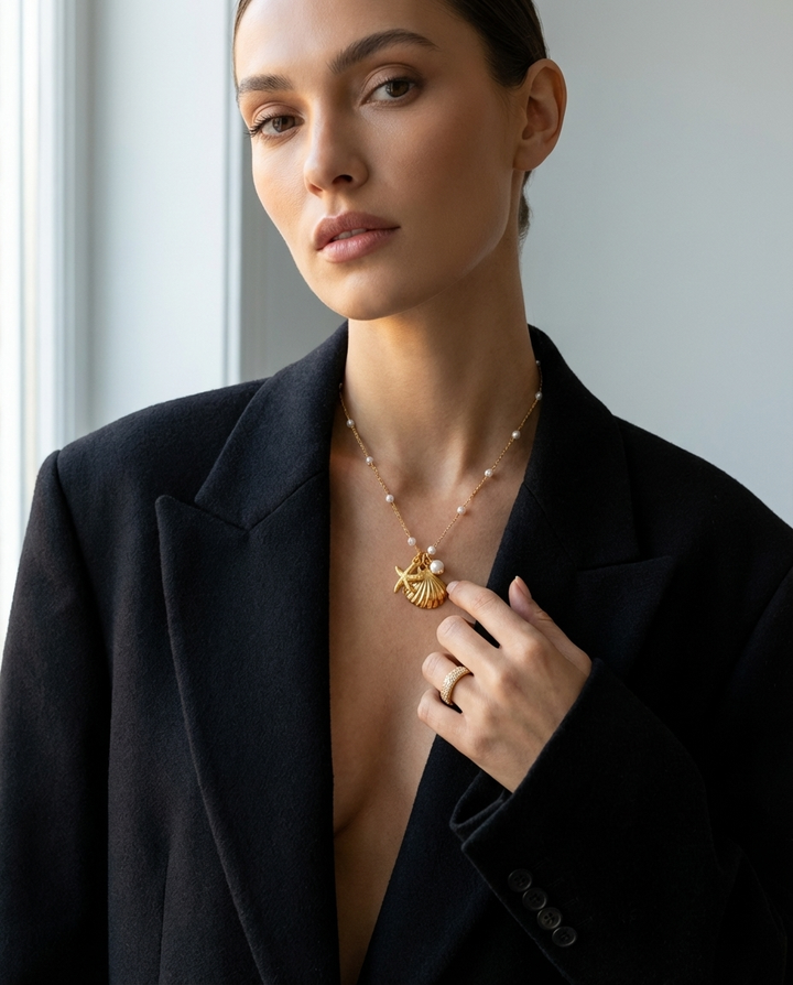 Woman wearing the gold seashell and starfish pendant necklace styled with a blazer, highlighting the elegant layered look.