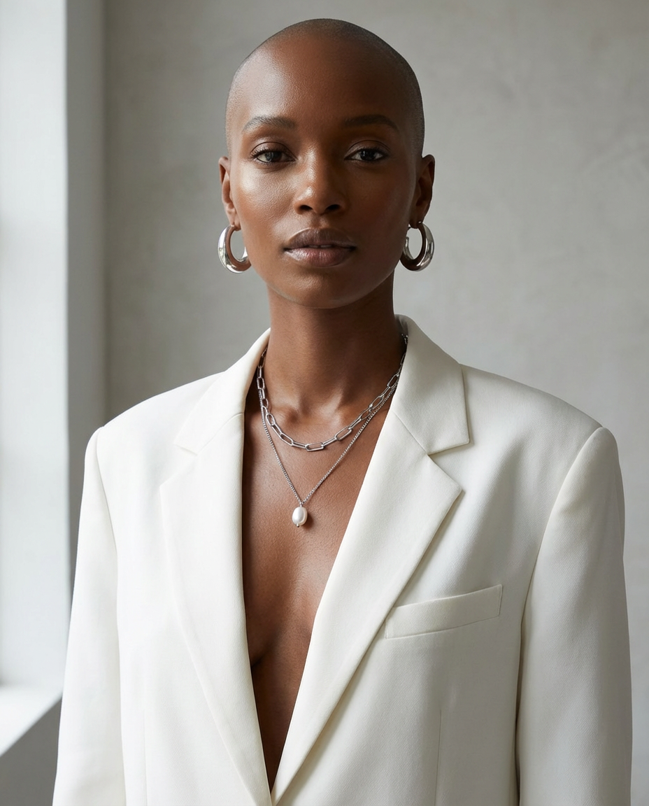 Woman wearing the silver chain and pearl pendant necklace styled with a blazer, highlighting the elegant layered look.