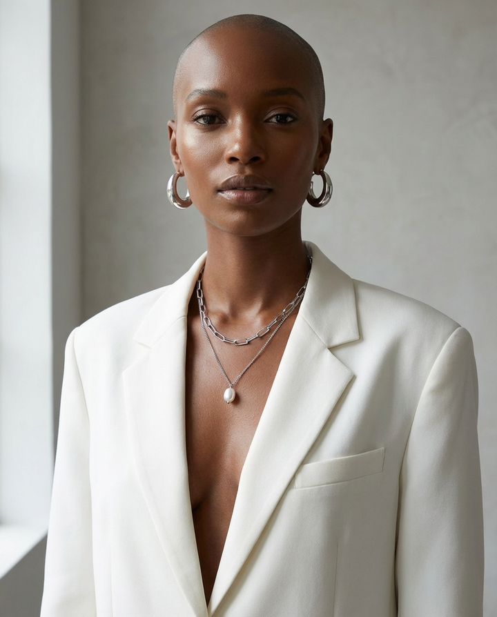 Woman wearing the silver chain and pearl pendant necklace styled with a blazer, highlighting the elegant layered look.