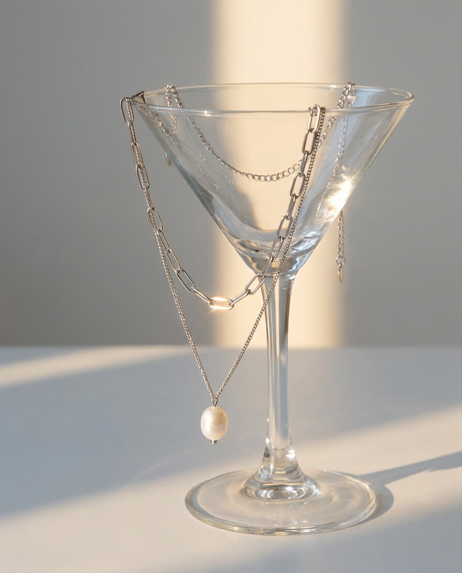 The silver chain and pearl pendant necklace displayed over a glass, styled in an elegant decorative setup.