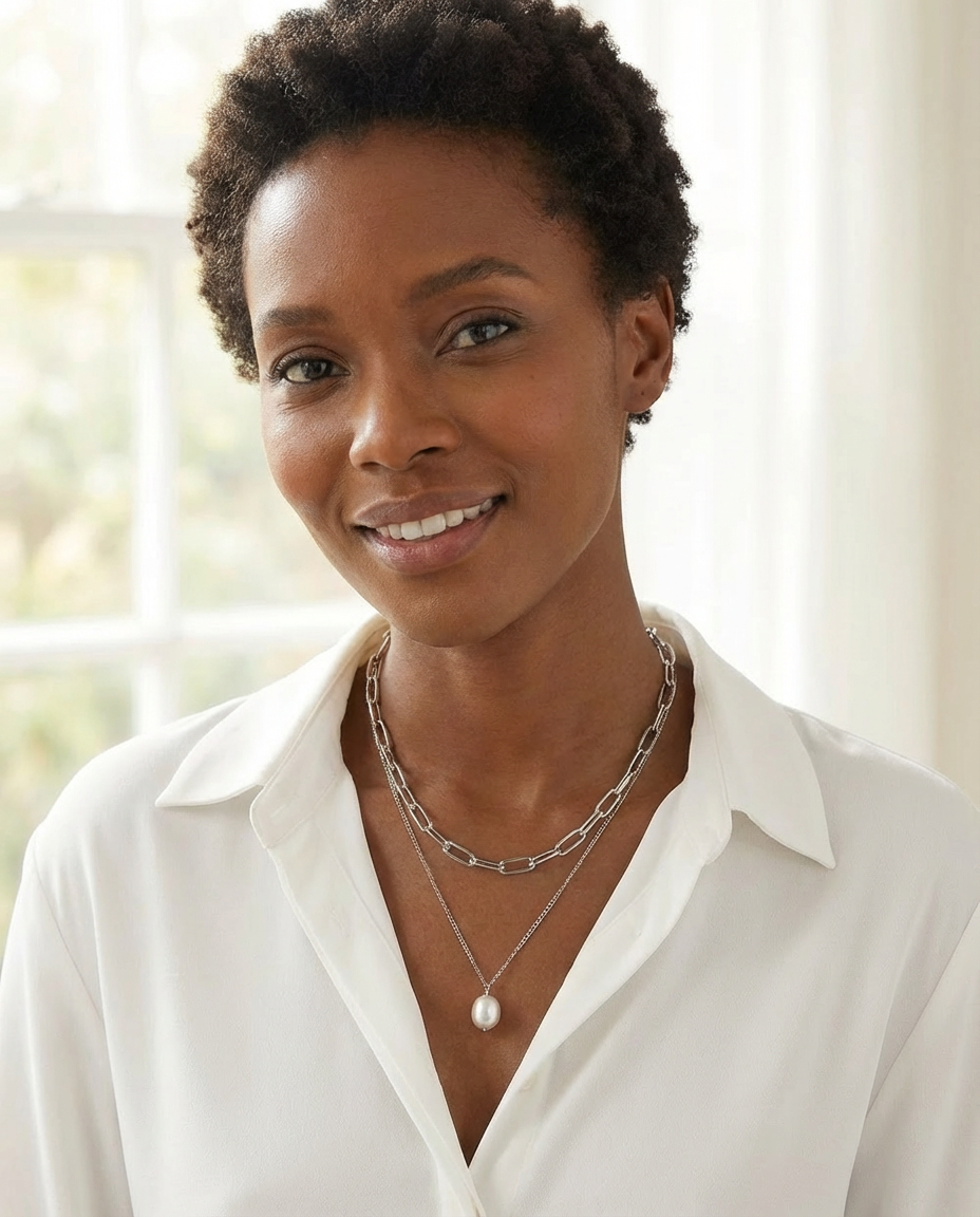 The silver chain and pearl pendant necklace photographed in natural light, showcasing the soft shine of the silver and pearl.